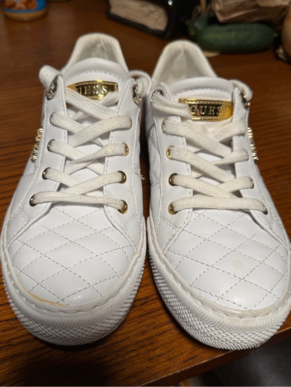GUESS White Quilted Sneakers with Gold Hardware